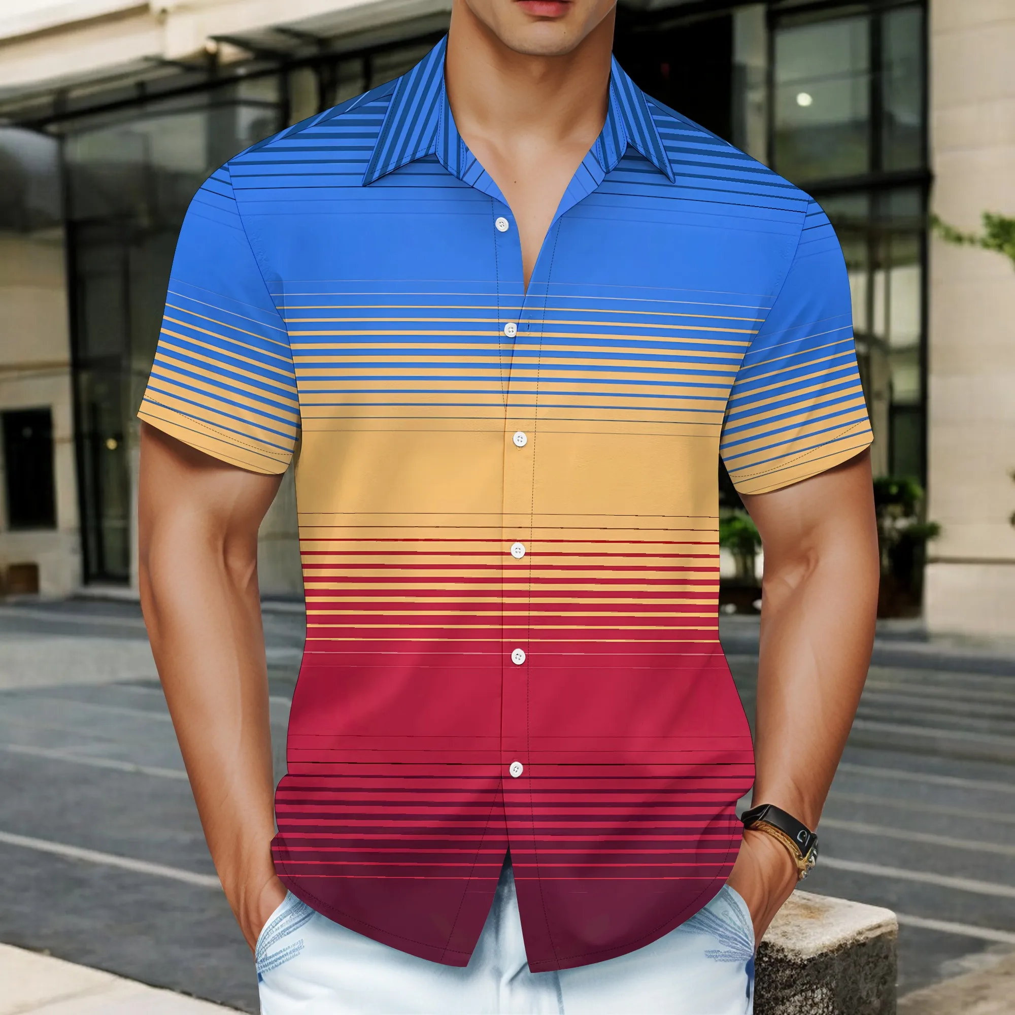 YEAE Colorful Gradient Stripe Print Shirt for Men Summer Casual Short Sleeve Top
