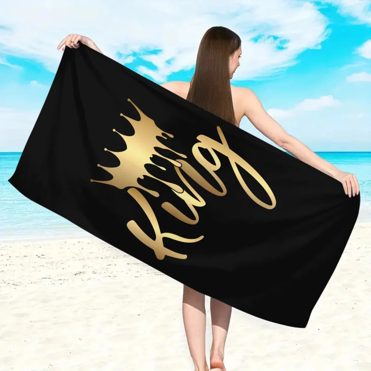 

Golden Crown King Beach Towel Peach Skin 2D Flat Printed Bath Towel Sandproof Summer Swim Blanket For Pool Party Travel