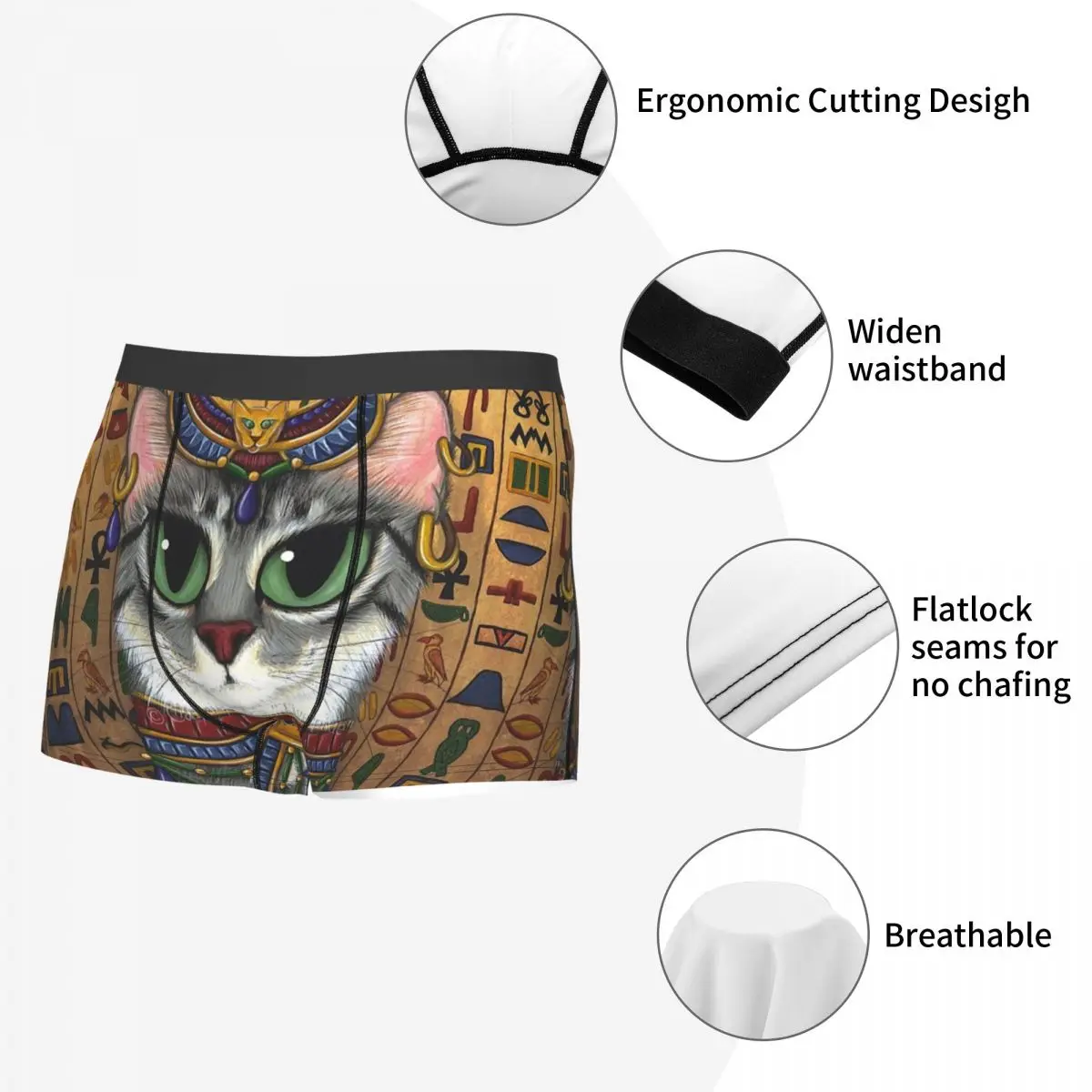 Cueca Boxer do Antigo Egito Masculino, Gatos e Ankh Cross, Calça Altamente Respirável, Short Estampado 3D, Presentes de Aniversário, Alta Qualidade