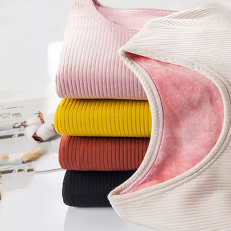 Winter Women Stripe Texture Thermal Top Casual O-collar Single Layer Thicken Velvet Base Shirt Long-sleeved Thermos Undershirt