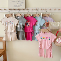 Summer Infant Baby Girls 2PCS Clothes Set Cotton Flower Printed Round Collar T-shirt Suits Elastic Waist Flare Pant Outfits