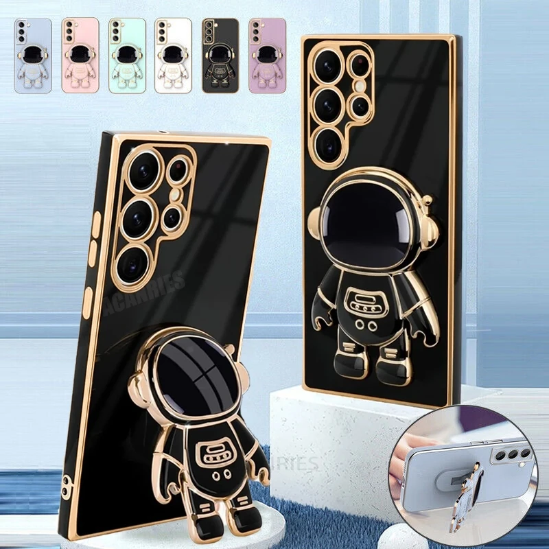 S 24 23 Astronaut Holder Luxury Plating Case For Samsung Galaxy S21 S23 S20 Fe S22 S24 Plus Ultra Silicone Stand Cover Note 20