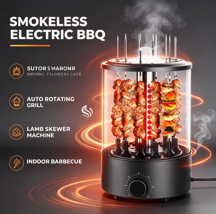 Smokeless Electric BBQ Grill Automatic Rotating Kebab Maker Indoor Barbecue Machine Skewer Roaster for Home Kitchen Cooking