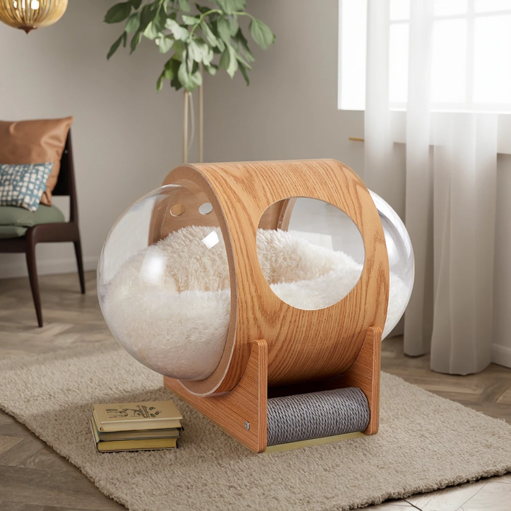 

Acrylic Transparent UFO-Style Pet House Winter Warm Bed Cats Dogs Wooden Starry Space Four Seasons Mat Gift Made Plush Material