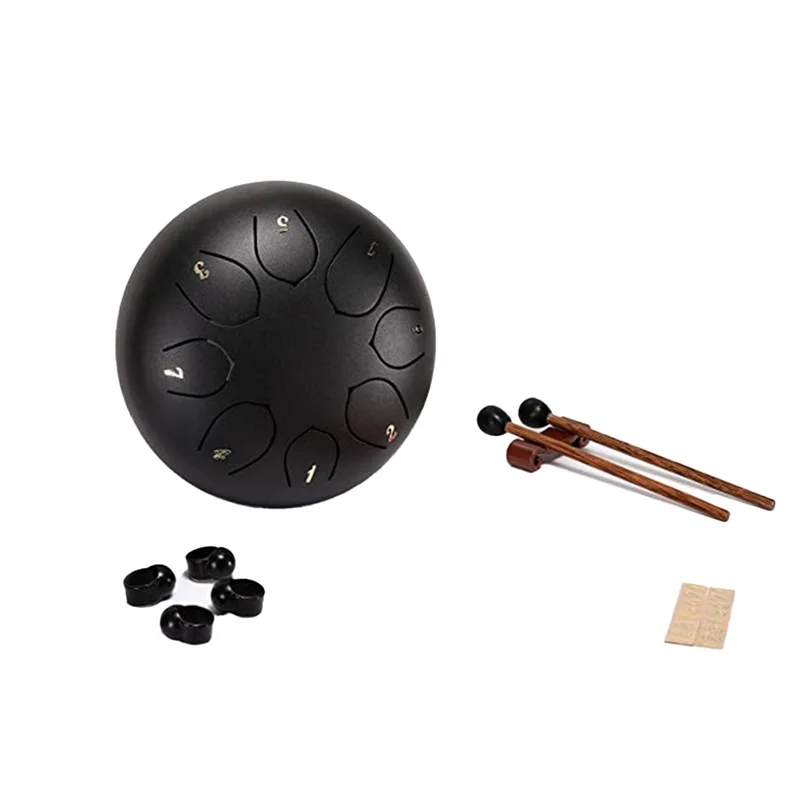 Steel Tongue Drum, 6In 8 Notes, Strap Bag, Drumstick, Mallet Holder and Finger Paddle for Camping, Meditation or Yoga