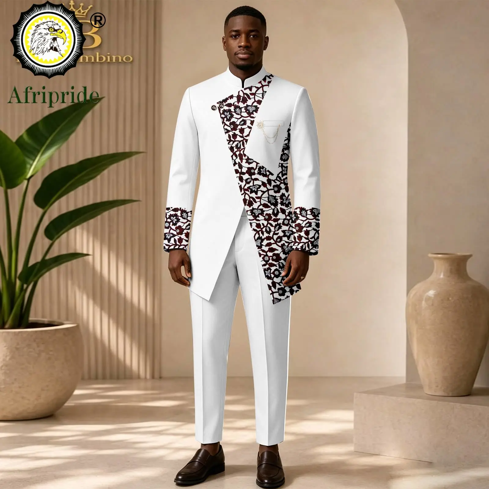 Men`s Business Suit Stand Collar Two Button Print Brooch Blazer and Trousers Set for Men African Clothes Dashiki Wear 2616144