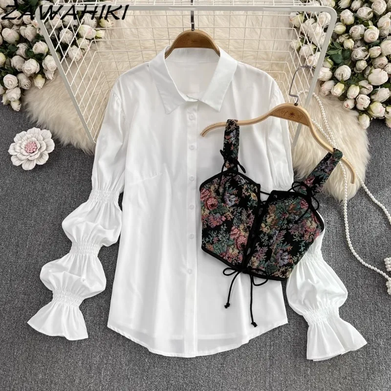 

Vintage Two Piece Set Women Loose Puff Sleeve Irregular Pleated Women's Shirt Jacquard Bandage Vest Office Lady Top Female