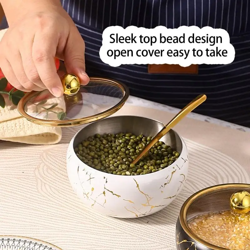 

Stainless Steel Storage Jar For Seasonings Condiment Canister Sugar Bowl with Glass Lid and Spoon Kitchen Accessory 37JD