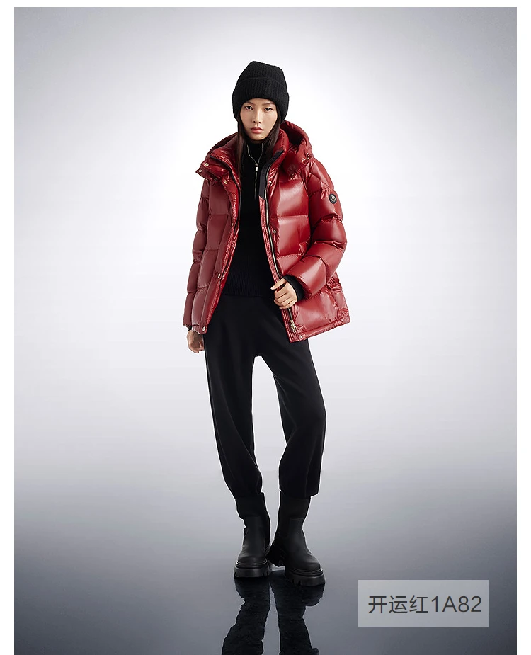 BOSIDENG Women Hooded Short Goose Down Coat 90% Goose Down 700+ Loft Shiny Fabric Adjustable Waist Puff Winter Outerwear