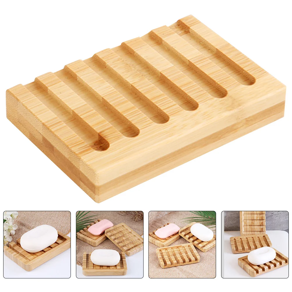 

Soap Drainer Dish Bamboo Saucer Self Draining Dishes with Spout Bathroom Holder