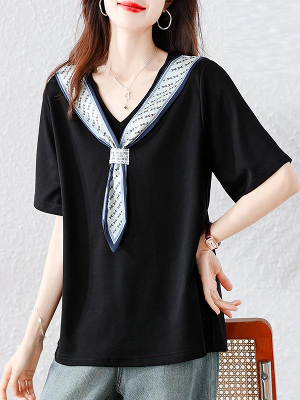 

Korean Sle Silk Scarf oulder Wrap ort Sve round Ne Versatile Top Casual Loose Fit Summer New Arrival Women's Faion