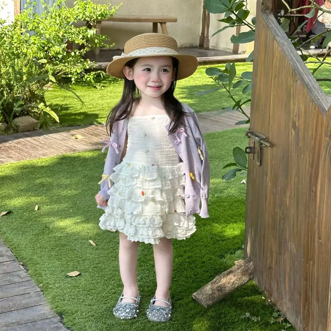 

Girls' Dress Set For Spring And Summer Baby's Stylish Princess Dress Bow Knit Cardigan Two-piece Set