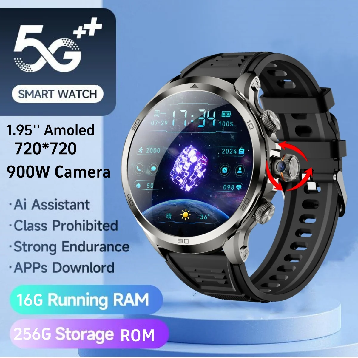

5G Full Netcom Smartwatch Men 1.95inch Amoled Large Screen 190° Rotary Camera 1900Mah Battery GPS WIFI Bluetooth 5G Smart Watch