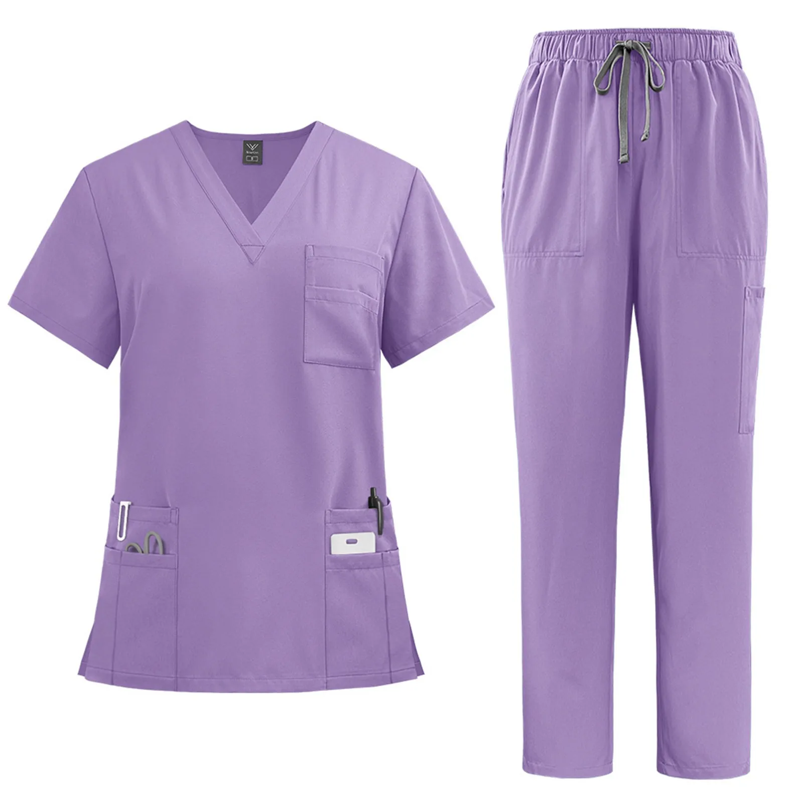 Quick Drying Fabric Solid Color V-neck Pocket Short Sleeved Workwear For Female Comfortable And Breathable Loose Suit