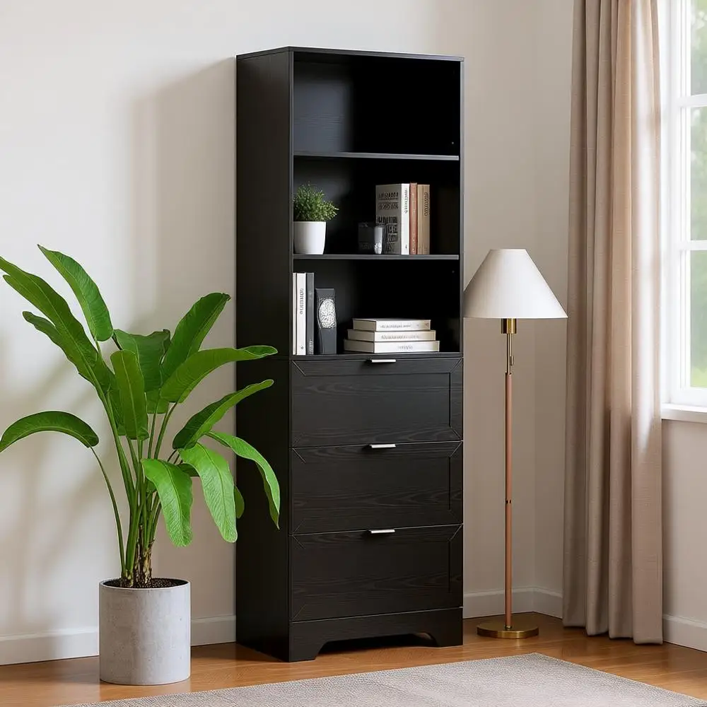 

Black Bookshelves and Bookcases with Drawers, 6 Tier Tall Bookshelf with Drawers, Industrial Wood Bookcase, Floor Standing Displ