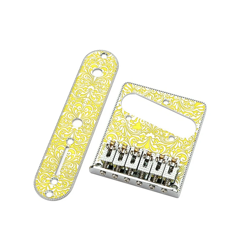 6 String Roller Saddle Bridge And Control Plate With Carving Decorative Pattern Yellow Metal For TL Electric Guitar Parts