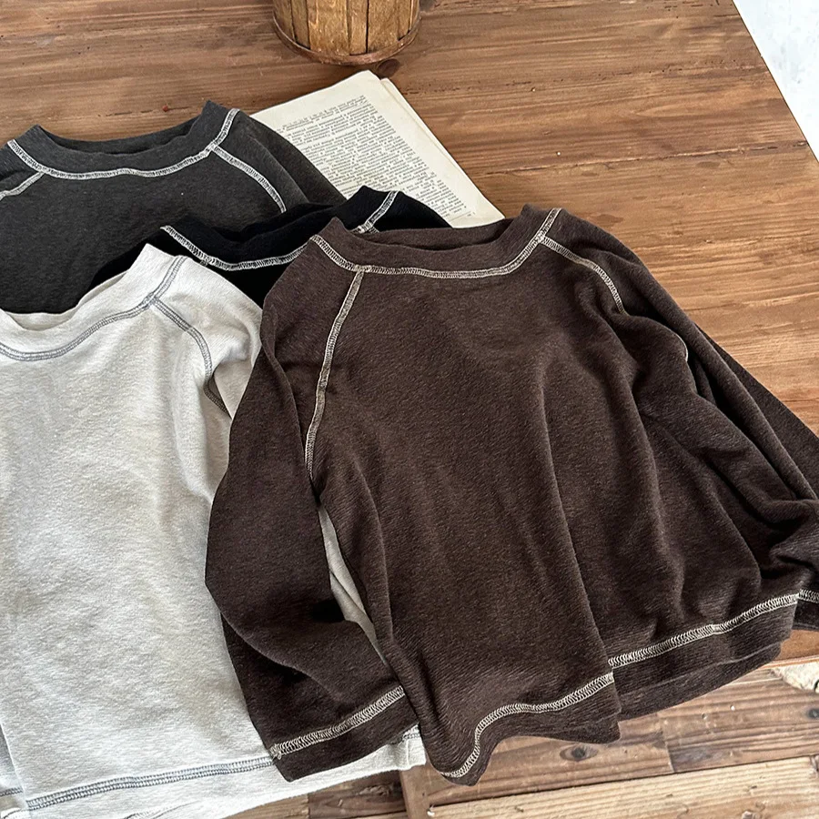 2026 Autumn New Childrens Long Sleeve T-Shirts Korean Fashion Casual Daily Solid Color O-Neck Undershirt Boys Girls Spring Top