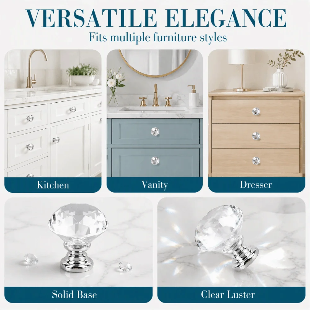 2pcs Durable Transparent Crystal Cabinet Knobs Round Diamond Cut Cabinet Knobs Drawer Knobs Dresser