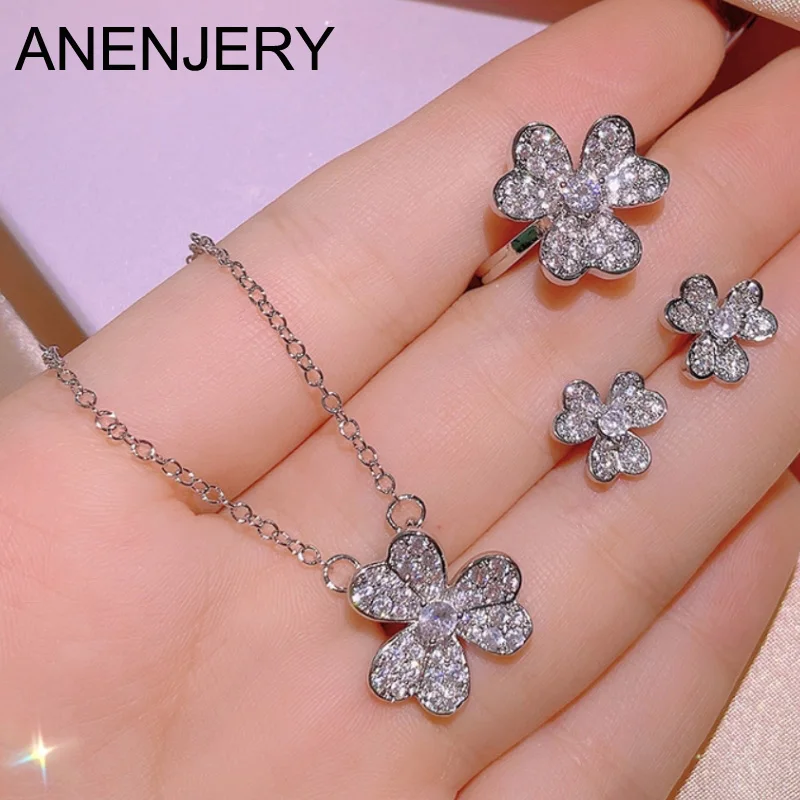 ANENJERY 3pcs/Set Sparkling Zircon Three Leaf Flowers Necklace+Earrings+Ring Jewelry Sets For Women New Design Luxury Jewelry