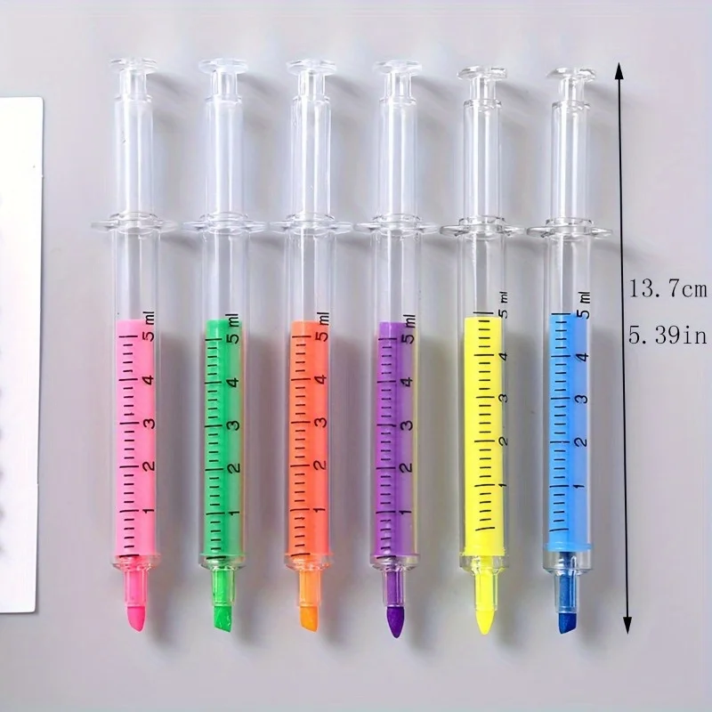 6pcs thick/thin Highlighter Markers, Syringe Style Highlighter, Drawing Markers, School And Office Supplies