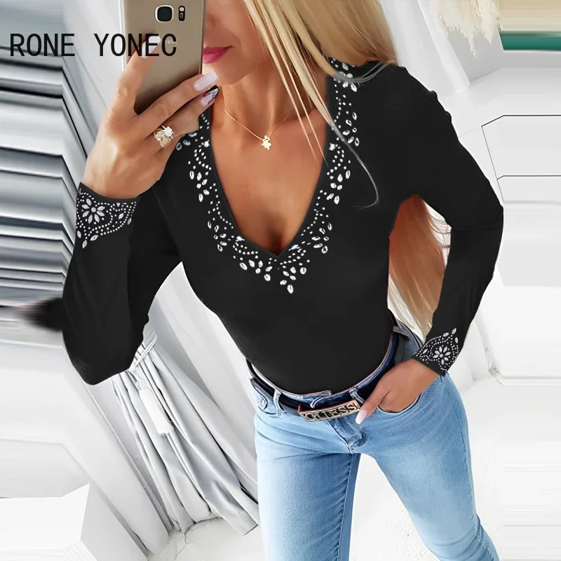 Women Chic Basics Rhinestone Decoration V Neck Long Sleeves Basics Blouse Knitting Tops