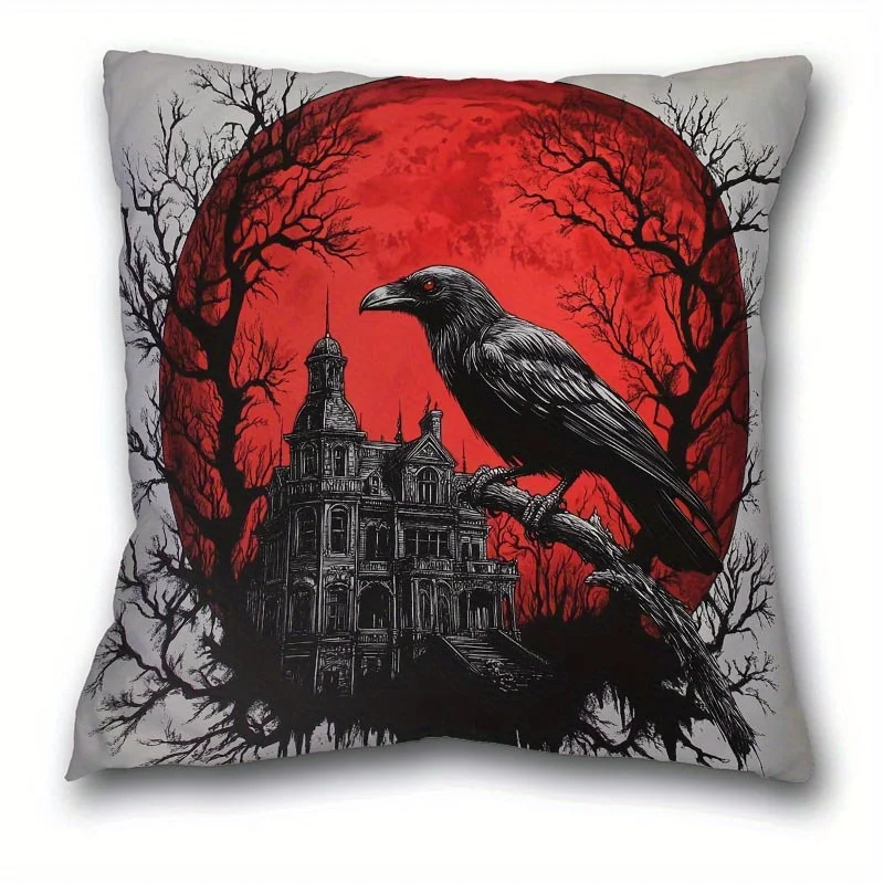 Blood Red Crow Haunted House Halloween Double Sided Pillow Cover Zipper Cushion Case Sofa Decor