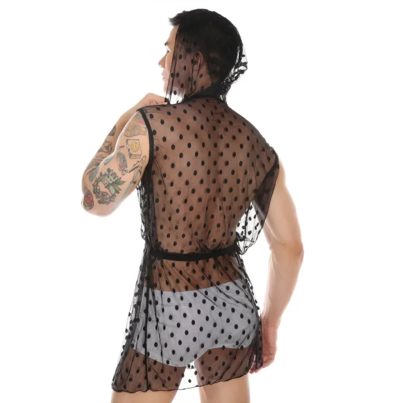 YUFEIDA Loose Leisure Mesh Sheer Robes Men Bathrobe Sexy Long Lace Up Transparent Nightwear Hooded Homewear Nightgown Sleepwear