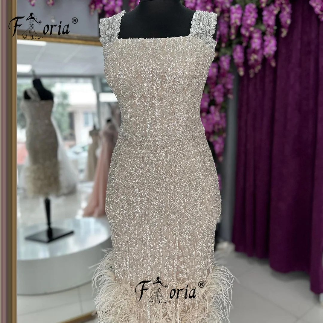 Full Beads Feathers Customized Cocktail Dress Champagne Knee Length Sleeveless Prom Party Homecoming Dress Special Occasion Wear