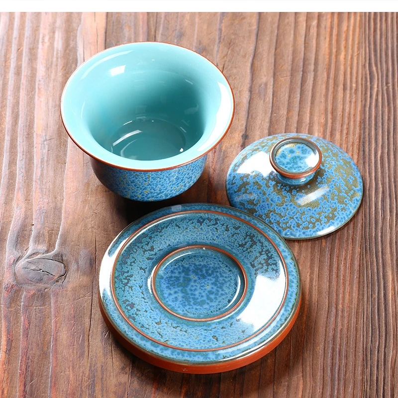 Jun porcelain gaiwan Kiln change floating emerald blue Tea infuser ceramic three bowl high-end handmade Tureen