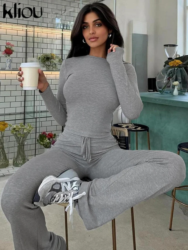 kliou Casual Autumn Women 2 Piece Set Hipster Solid Full Sleeve O-neck Tees+High Waist Bandage Straight Pants Mujer Tracksuits