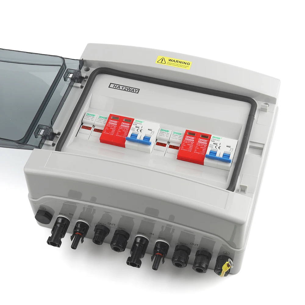 

PV Combiner Box Solar Photovoltaic DC 500V 2 In 2 Out With Surge Lightning Protection MCB SPD Fuse IP65 Waterproof Dustproof Box