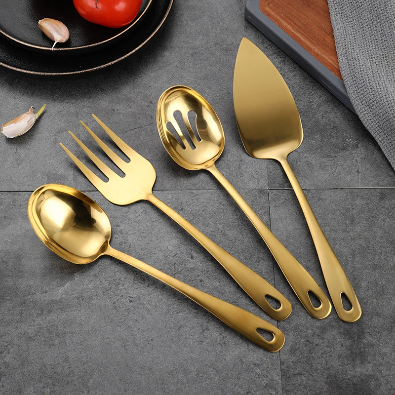 

Stainless Steel Serving Kitchenware Soup Spoon Long Handle Fork Colander Cooking Spatula Buffet Cutlery Set Thicken Tableware