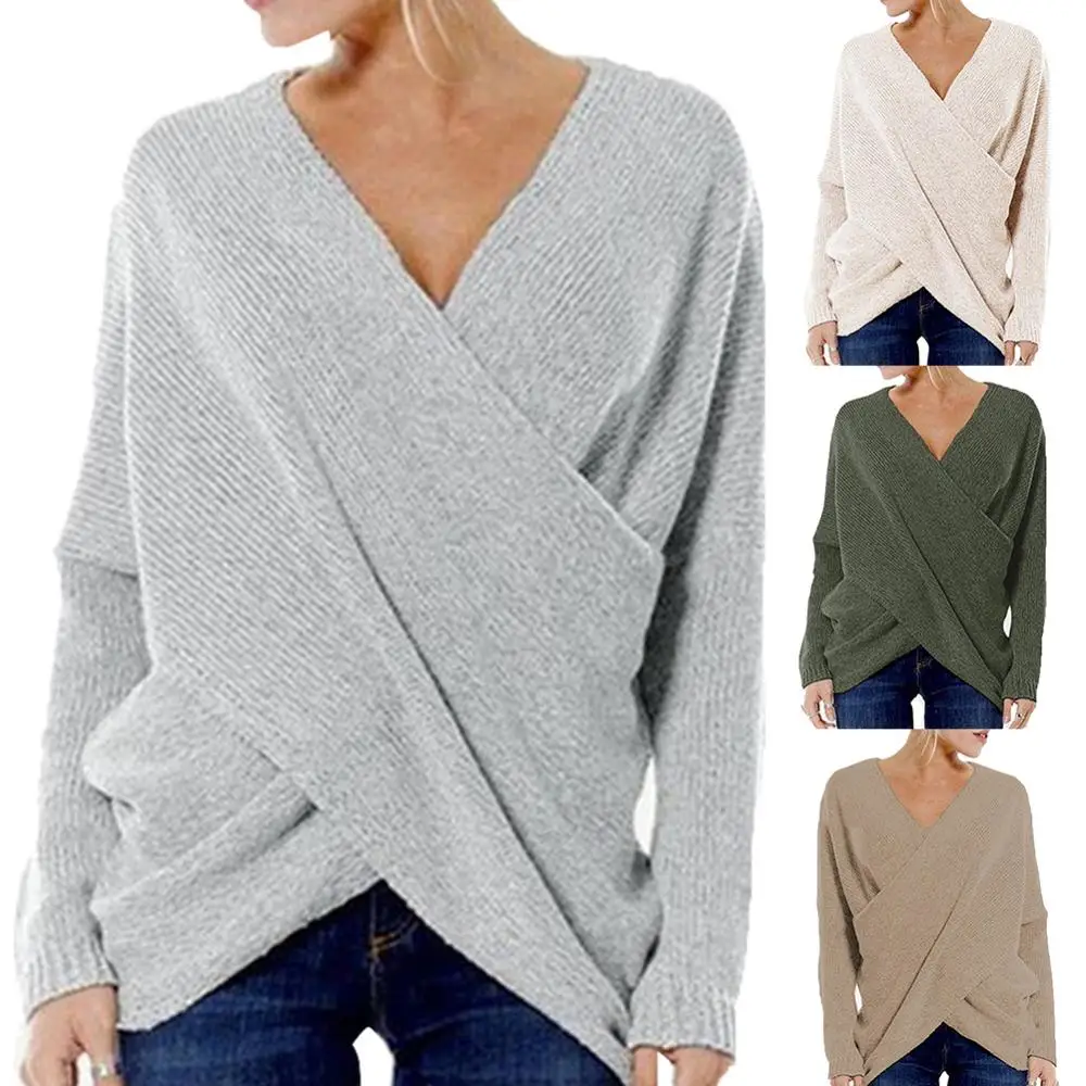 

Women Sweater Solid Color V Neck Cross Front Irregular Hem Loose Jumper Women's Clothing