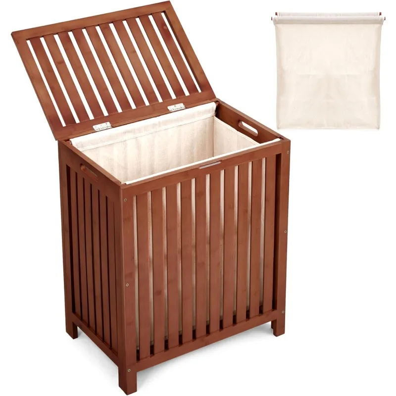 

Bamboo Laundry Hamper - Dark Brown Organizer with Lid - Solid Wood Construction with Canvas Liner and Wooden Rods