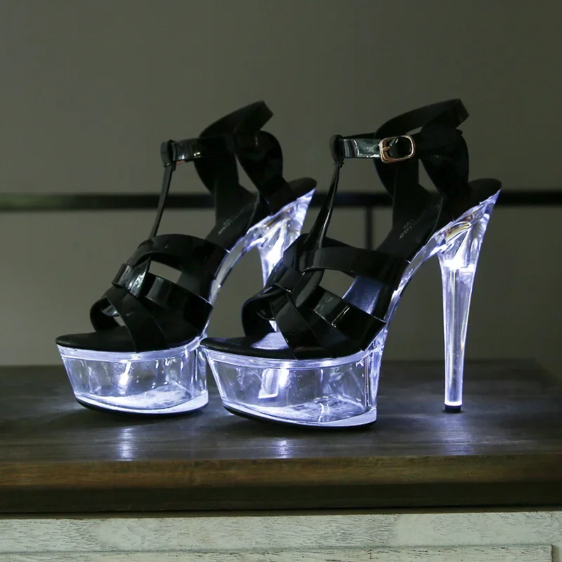 14CM Heel 5CM Platform LED Light Up Shoes Night Club Luminous Sandals Crystal Thin High Heels Women's New Steed Pole Dance Pumps