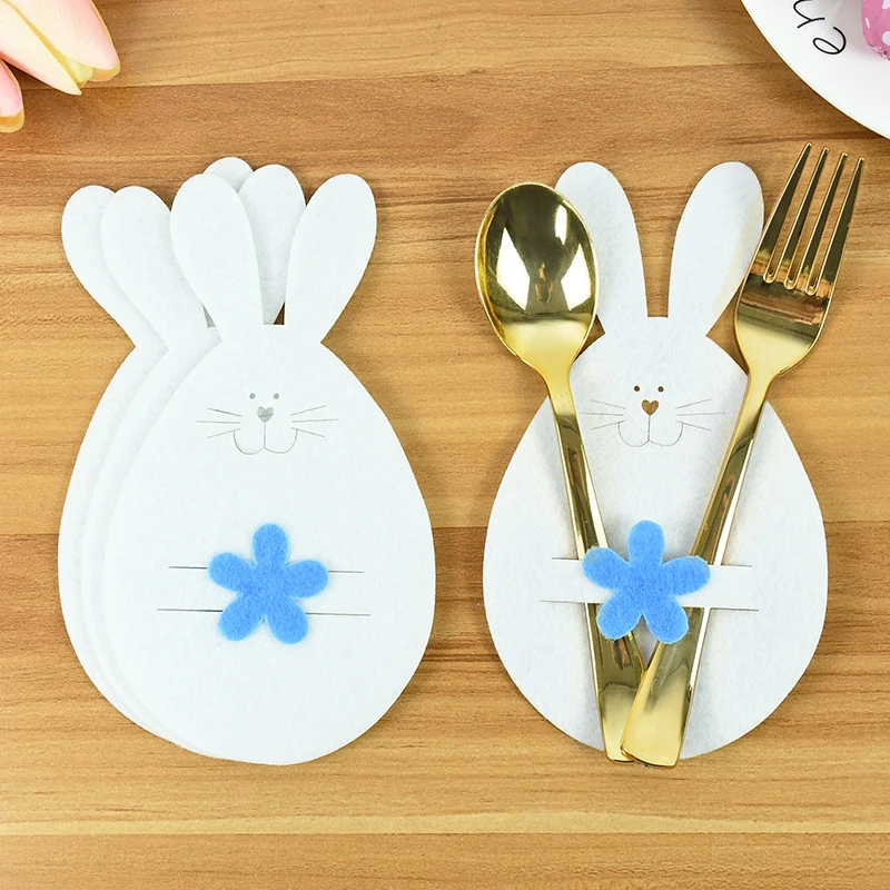 

4pcs Easter Rabbit Cutlery Holders Knifes And Forks Bag Cover Happy Easter Decor Rabbit Felt Fabric Tableware Party Accessories