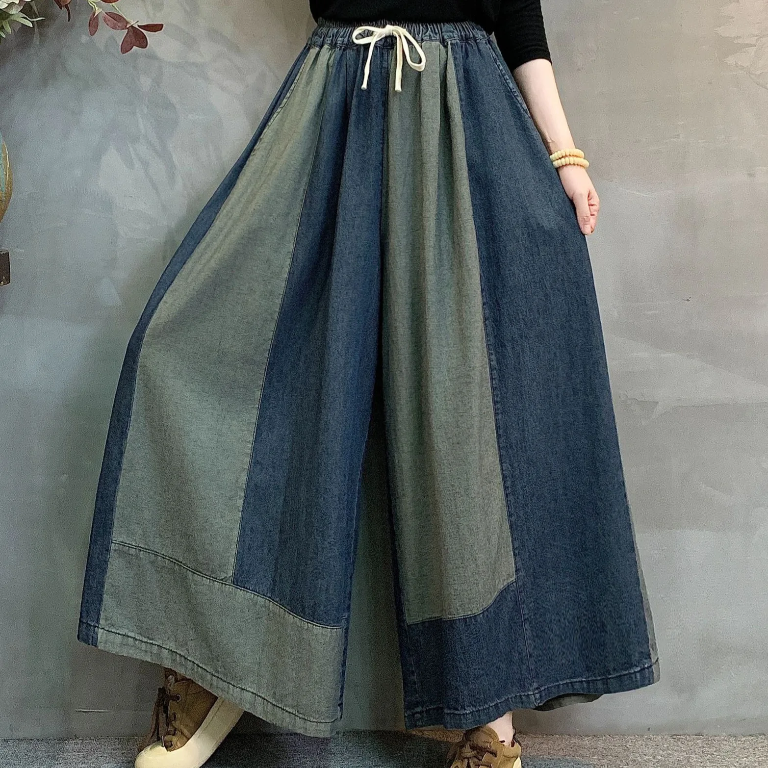 SuperAen Korean Style Retro Contrast Color Soft Denim Pants for Women Autumn New Loose Waist Oversize Casual Wide-leg Pants