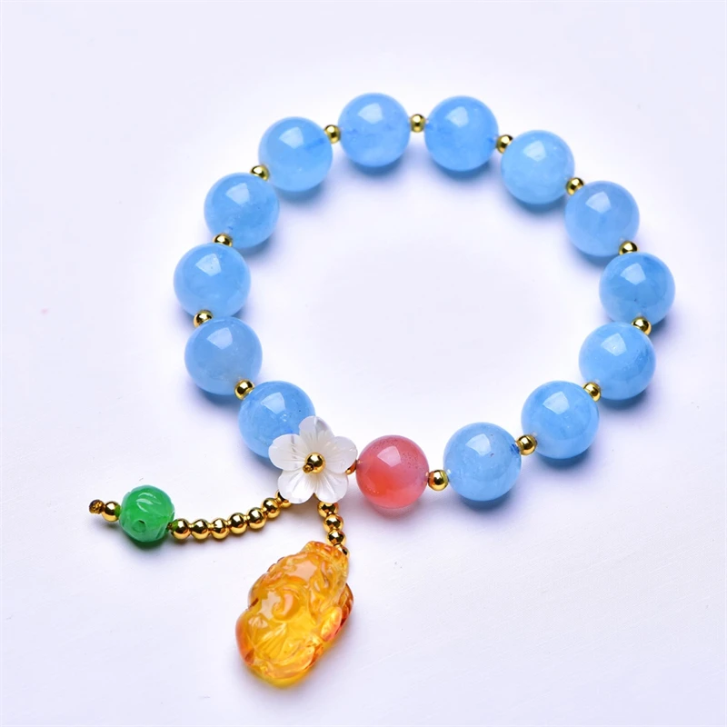 11MM Natural Aquamarine Bead Beeswax Pixiu Bracelet Fashion Reiki Gemstone Round Beads Jewelry Couple Gift 1PCS