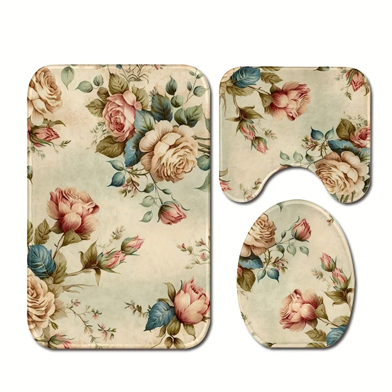 3-Piece Floral Bath Rug Set, Anti-Slip, Soft Knitted Polyester, Machine Washable, Includes U-Shaped Toilet Mat, Lid Cover, and O