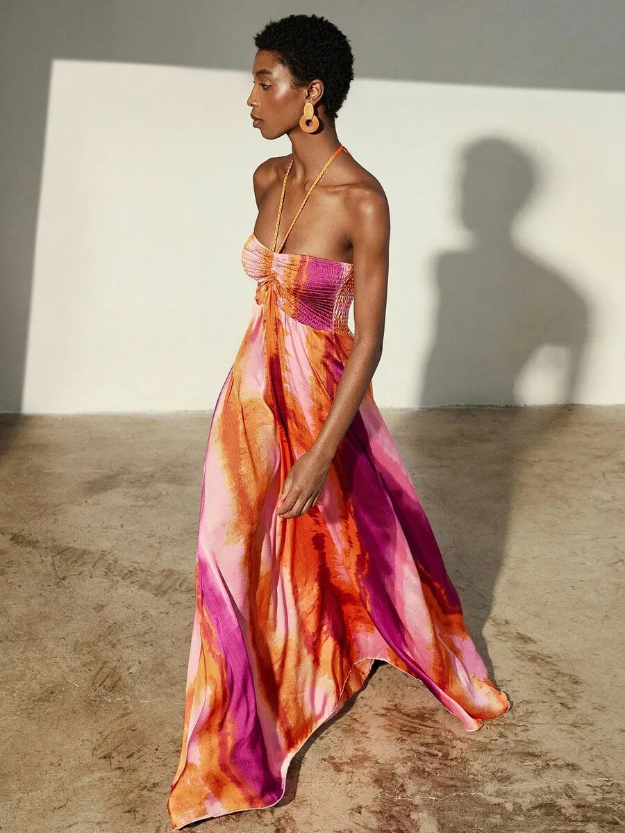 

Яркое шифоновое платье макси с эффектом тай-дай, с вырезом халтер, без рукавов, для отпуска