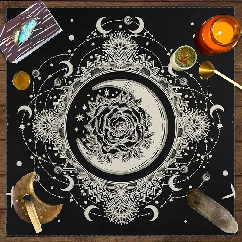 

Скатерть для алтаря VIKAMA в готическом стиле, черно-белая, с изображением карт Таро, фаз Луны и роз, для церемоний и создания атмосферы