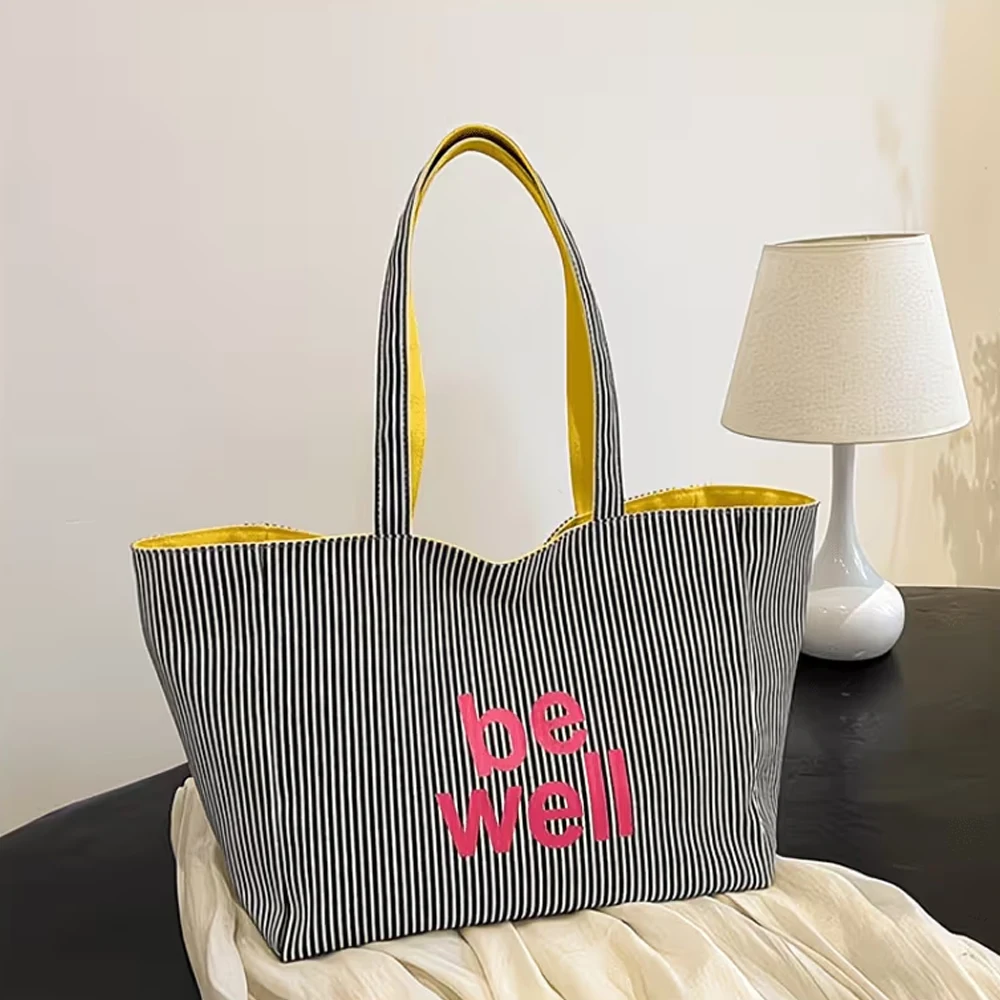 Fashionable Striped Printed Letter Double-Sided Shopping Bag, Mommy Shoulder Bag, Tote Bag, Durable and Suitable for Daily Work, Travel, and Beach Use—Women's Casual Handbag with Modern Striped Design and Lining view 3