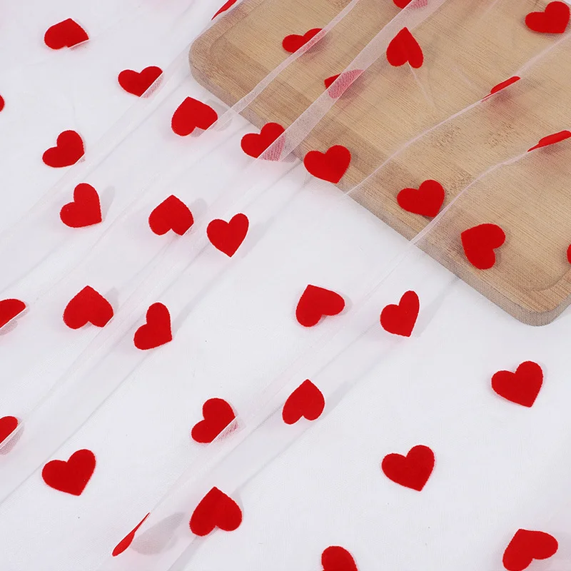 

3yards Top Quality Flocking Red Heart Tulle Mesh Guipure Lace Fabric Wedding Dress Decoration Net Fabric Sewing Material Supply