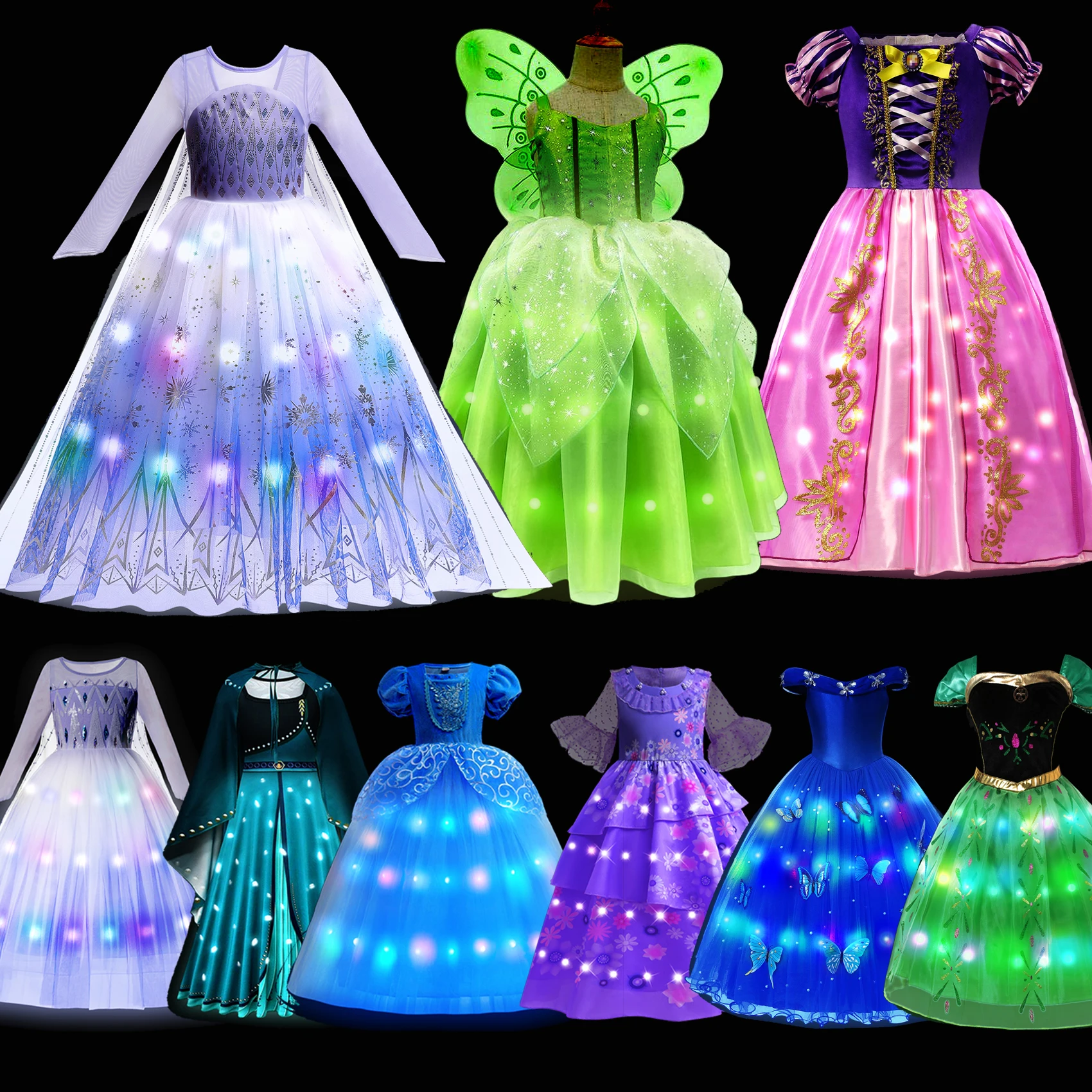 

Frozen Princess Elsa Anna Tinkerbell Fairy LED Light Up Dress for Girls Kids Cosplay Party Wish Asha Rapunzel Carnival Clothes