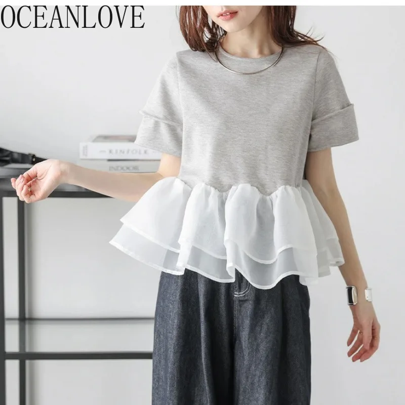 

OCEANLOVE футболка с оборками для женщин, поддельные комплекты из 2 предметов, весна-лето, Ropa De Mujer, модные винтажные футболки в японском стиле
