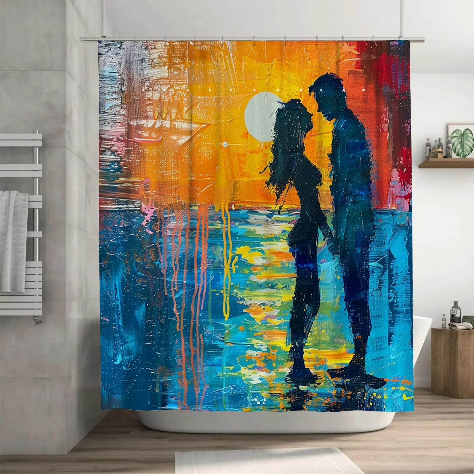 

Sunset Love-Infused Couple Waterproof Shower Curtain, Artistic Design for Bathroom Decor, Adds Warmth and Elegance to Your Home