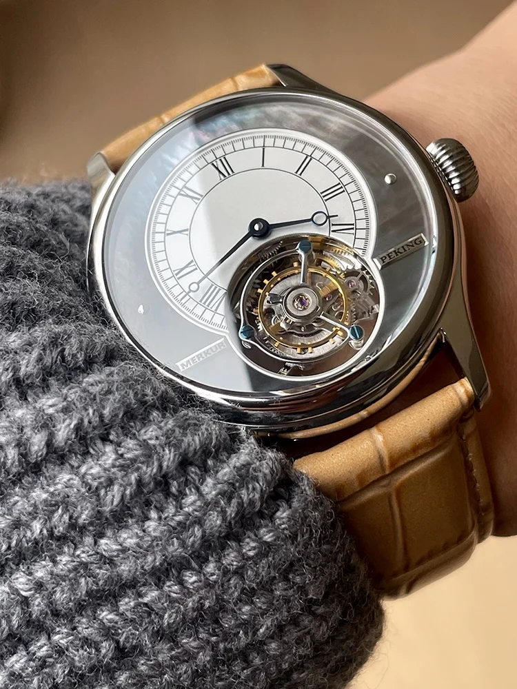 Merkur 100% Tourbillon Watch Men's Sapphire Watch For Men Mechanical Wristwatches Relogio Masculino Mother of Pearl Dial 42mm