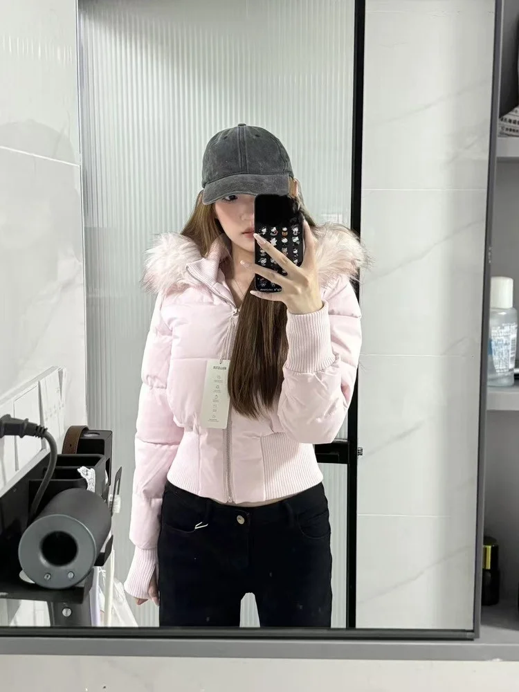 

Осенне-зимняя утепленная женская куртка-пуховик с меховым воротником, утягивающая талию, с капюшоном, на хлопковой подкладке, на молнии