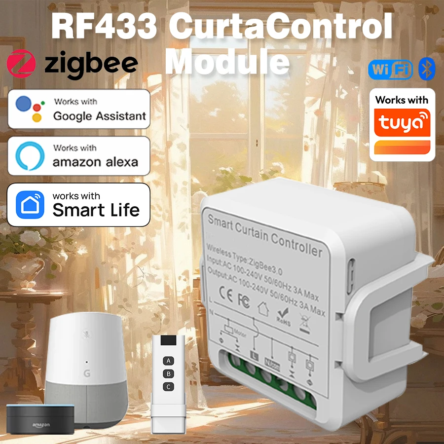 Tuya Mini Smart Curtain Switch with Zigbee Connectivity and Remote Control, Compatible with Alexa and Google Home
