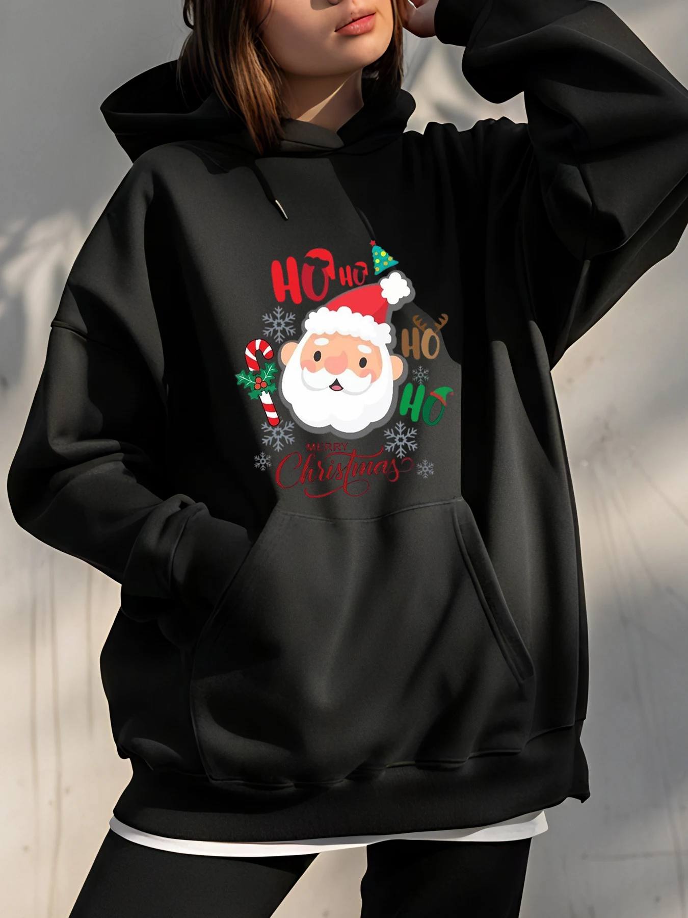 

Christmas Santa Print Hoodie with Candy Cane and Snowflake Details for Women Casual Wear Winter Outfit